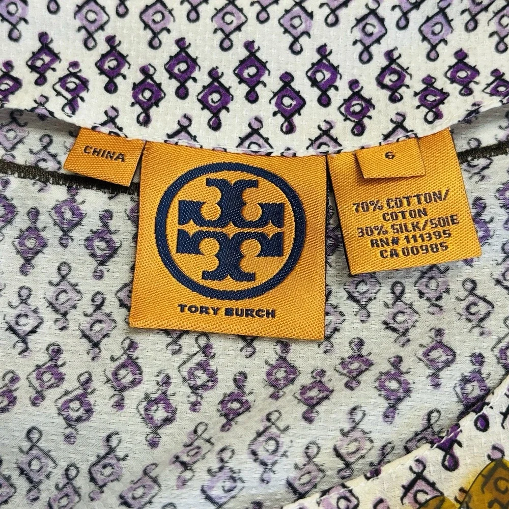 Tory Burch Sz 6 Printed Cotton And‎ Silk V Neck Tunic Top Purple Beaded Neckline